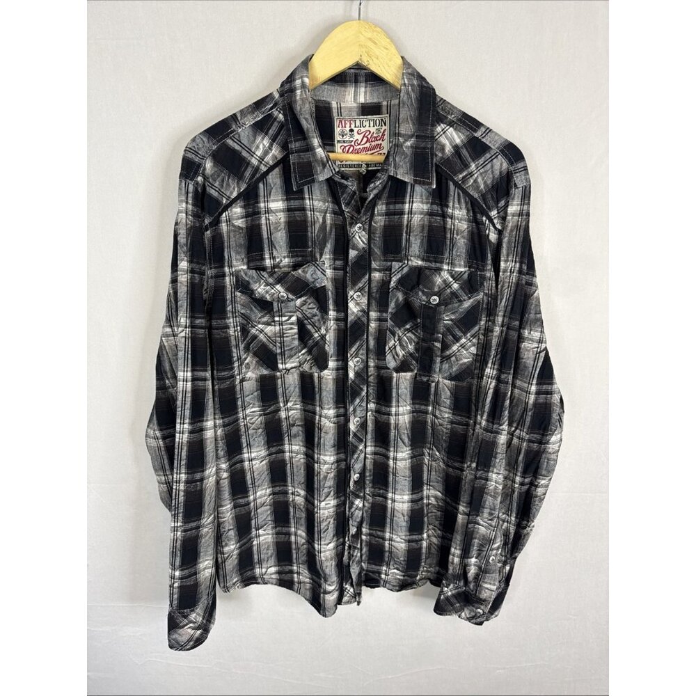 Affliction Black Premium Plaid Shirt Skull Back Graphic Western Men’s XL